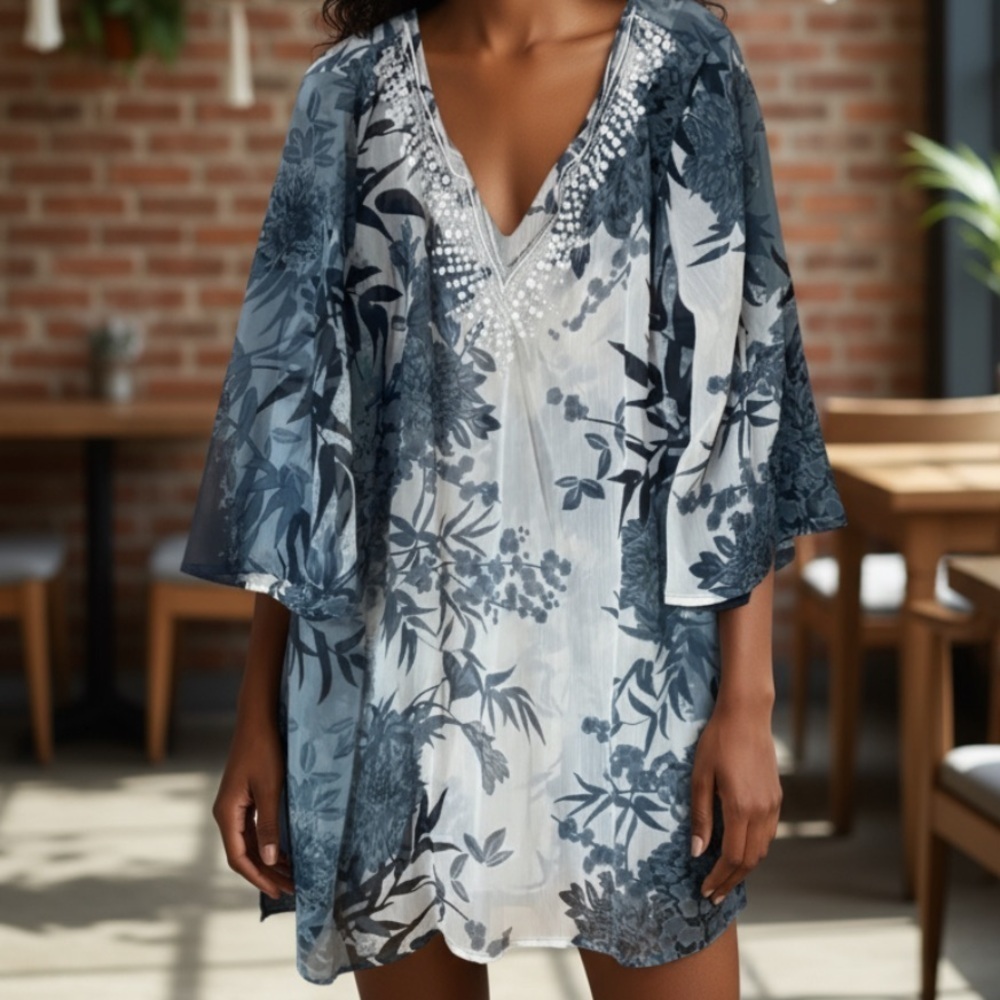 Peppermint Bay jeweled split neck tunic coverup 1x